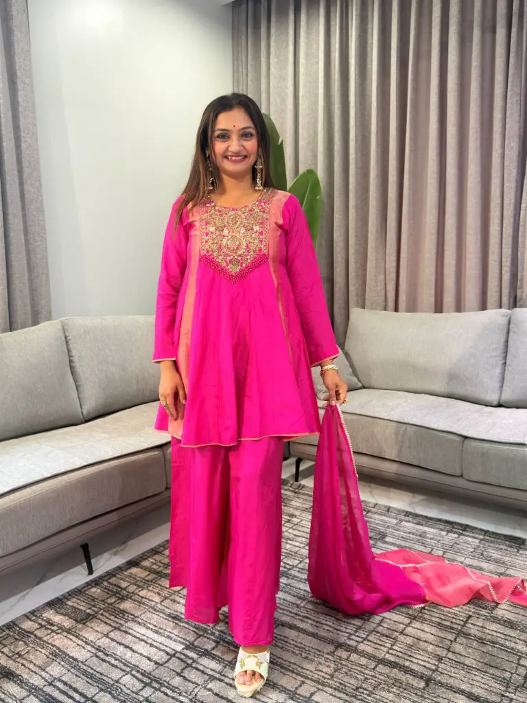 Hot Pink Hand-Worked Russian Silk Indo-Western set