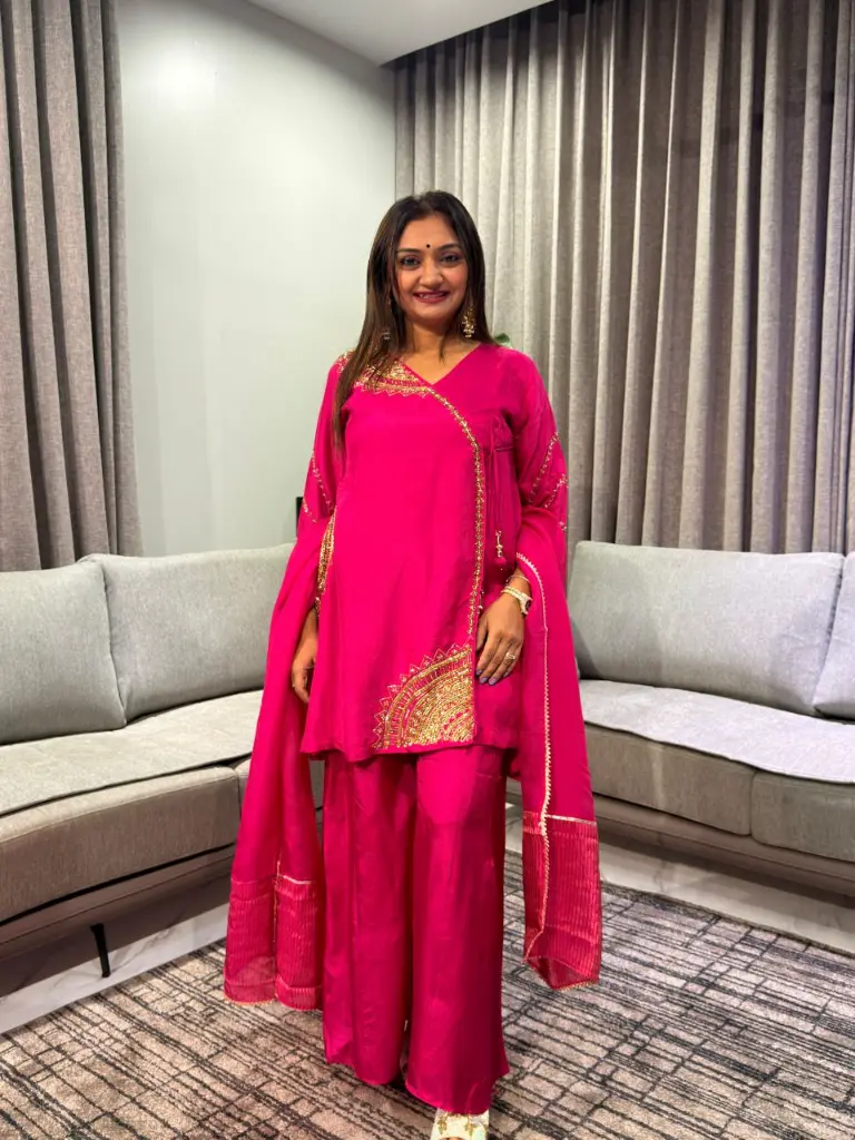 Rani Pink Angrakha Hand-Worked Russian Silk Co-ord Set