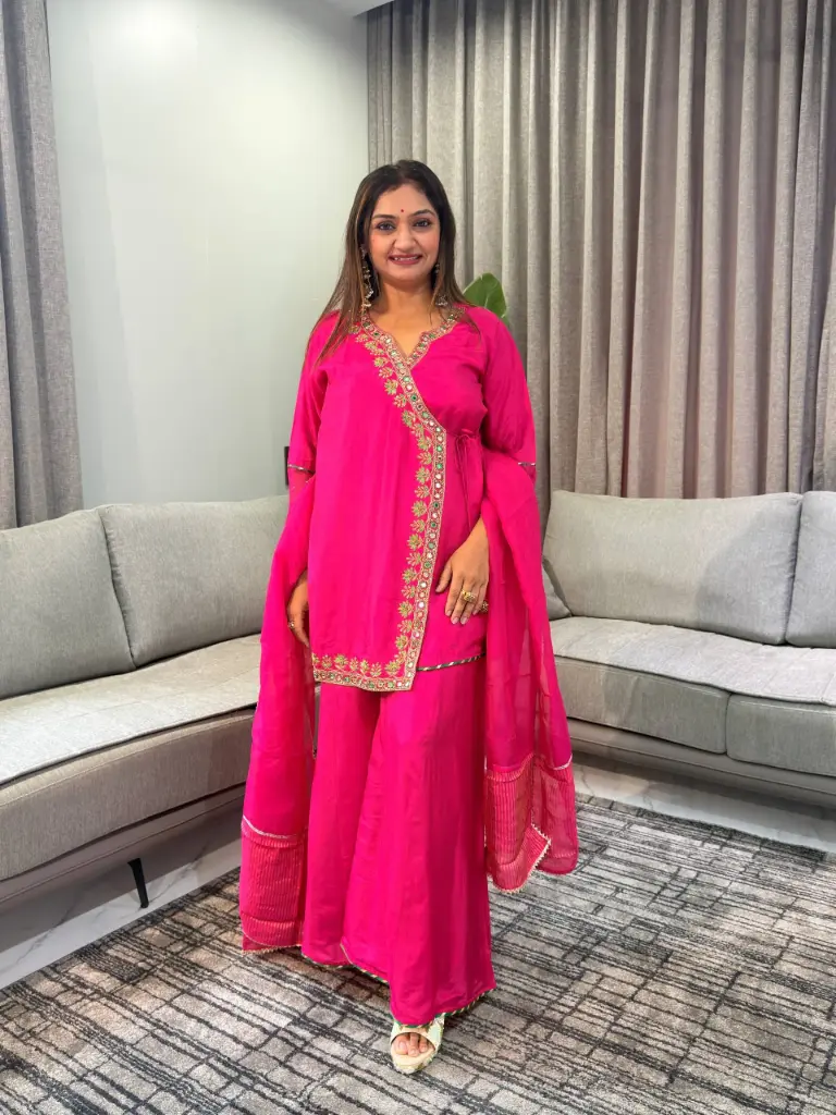 Rani Pink Hand-Worked Angrakha Russian silk Set