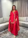 Crimson Red Hand-Worked Angrakha Russian Silk Set