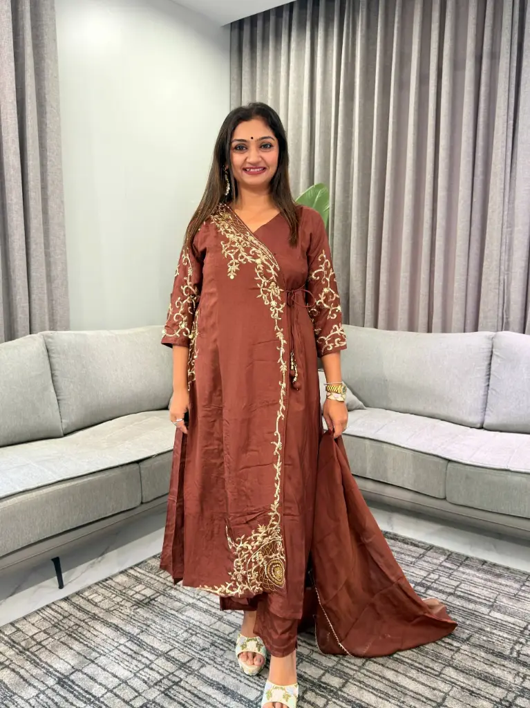 Chocolate Brown Hand-Worked Angrakha Silk Set