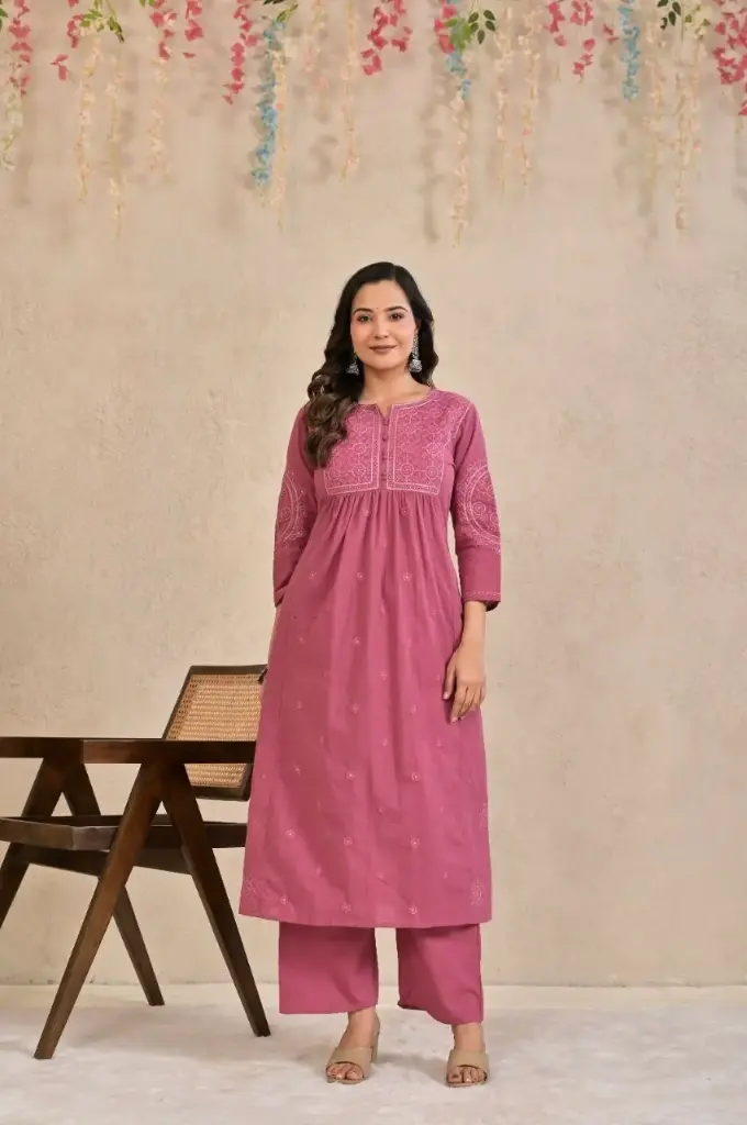 Mauve Pink Schiffli Embroidered Cotton Kurta Set