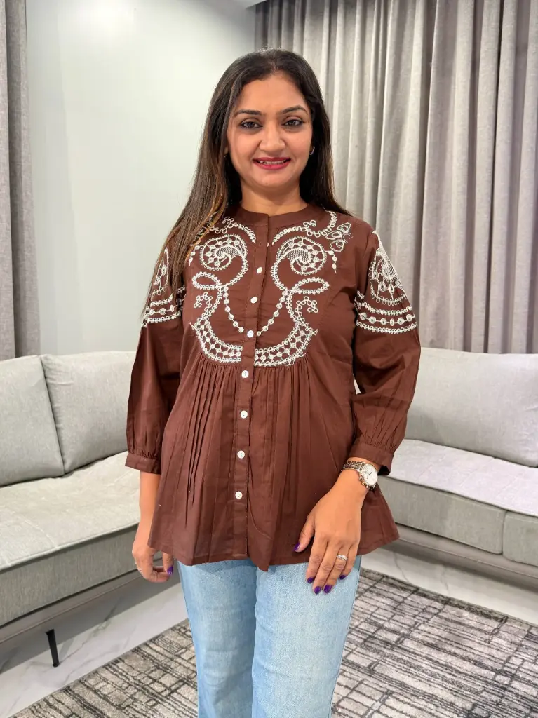 Chocolate Bloom Embroidered Pure Mull Cotton Tunic