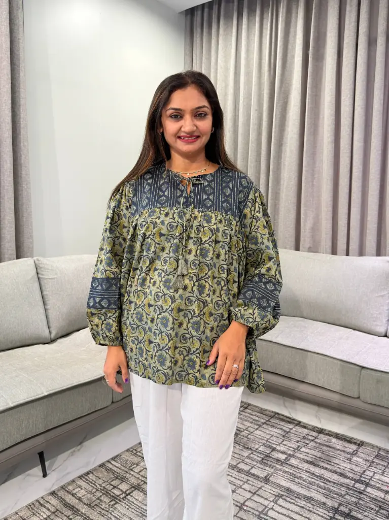 Olive Kalamkari Printed Pure Cotton Tunic