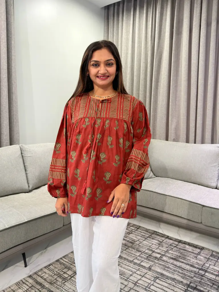Rust Red Floral Printed Pure Cotton Tunic
