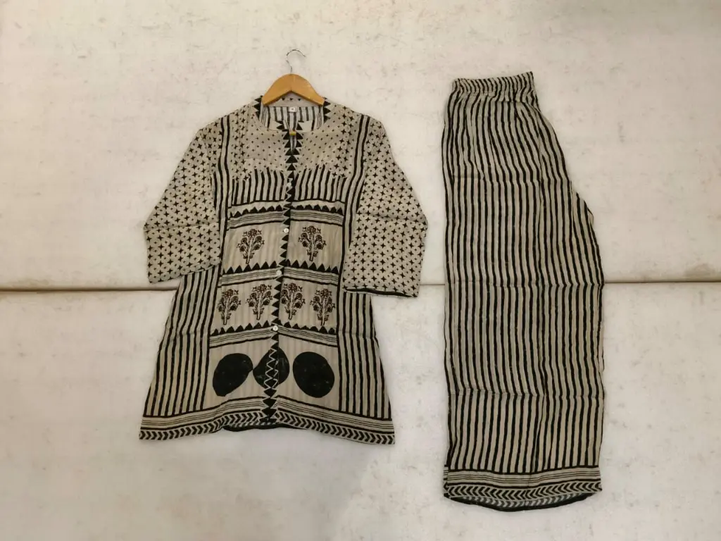 Black & Beige Block Printed Natural Crepe Co-ord Set