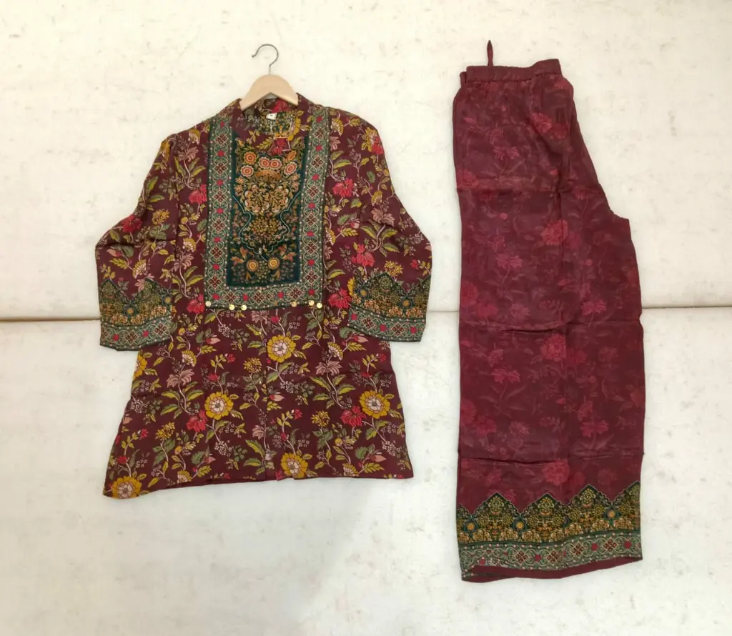 Maroon Floral Print Hand-Worked Crepe Co-ord Set