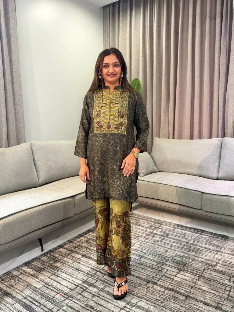 Olive Black Kalamkari Hand-Worked Viscose Crepe Co-ord Set