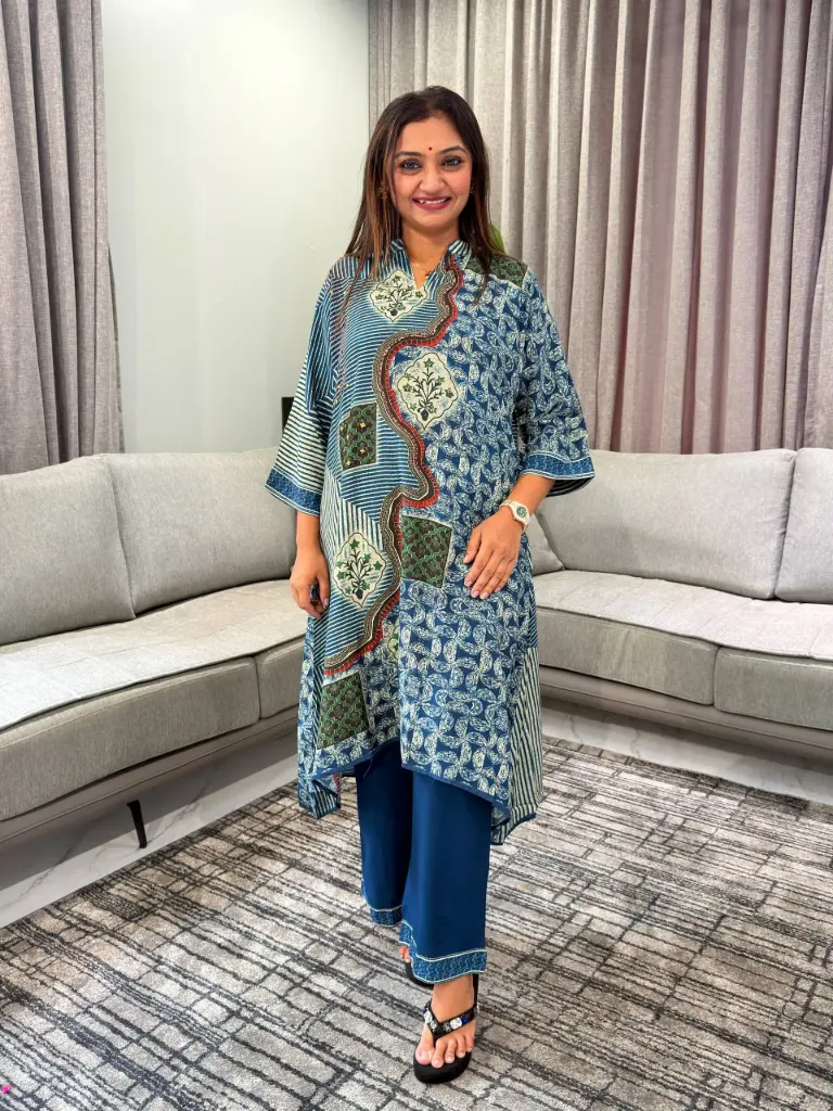 Indigo Blue Patchwork Hand-Worked Viscose Crepe Kurta Set