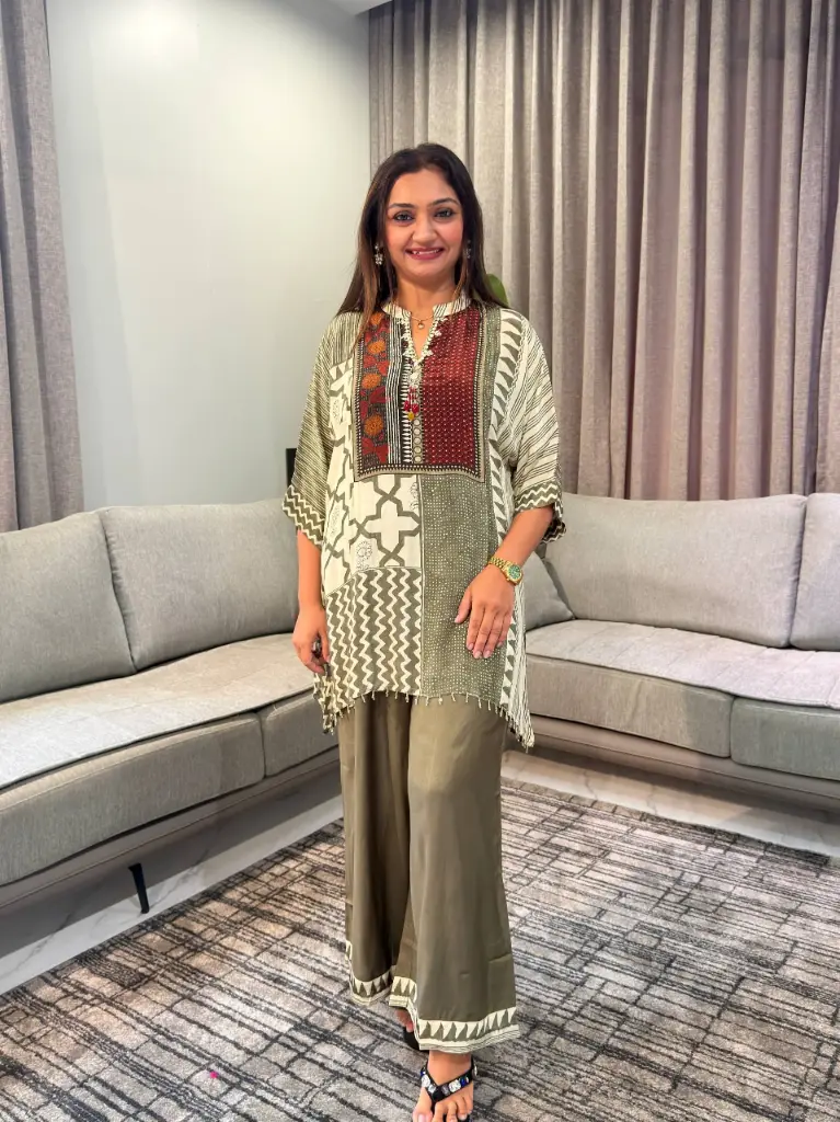 Olive & Maroon Patch Print Hand-Worked Viscose Crepe Co-ord Set