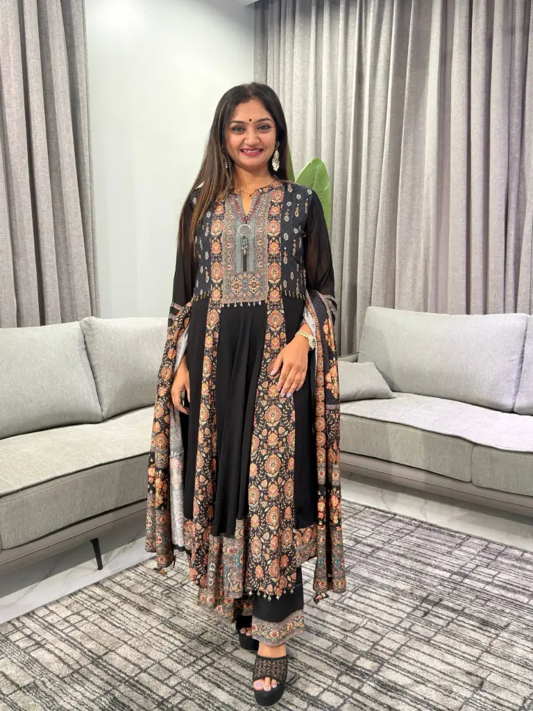 Jet Black Kalidar Hand-Worked Viscose Georgette Set