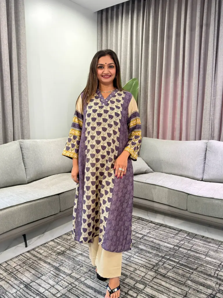 Muted Purple Floral Hand-Worked Viscose Crepe Set