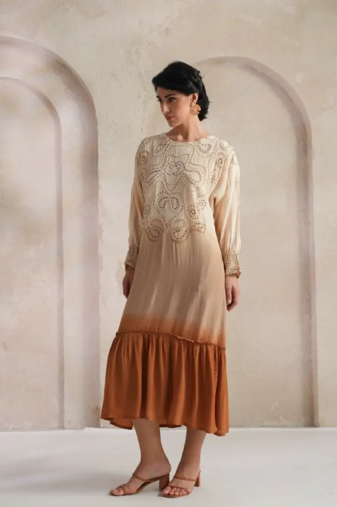Caramel Bloom Ombre Embroidered Imported Fabric Dress