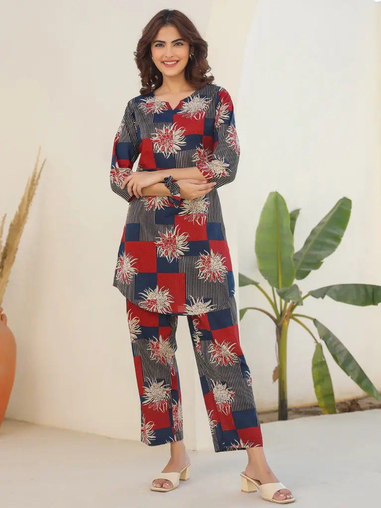 Navy Blue Pure Cotton Geometric Printed Co-ord Set
