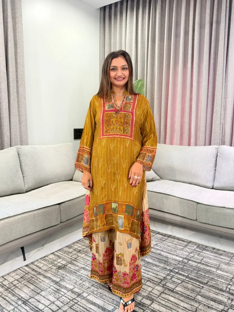 Mustard Yellow Block Motif Viscous Crepe Co-ord Set