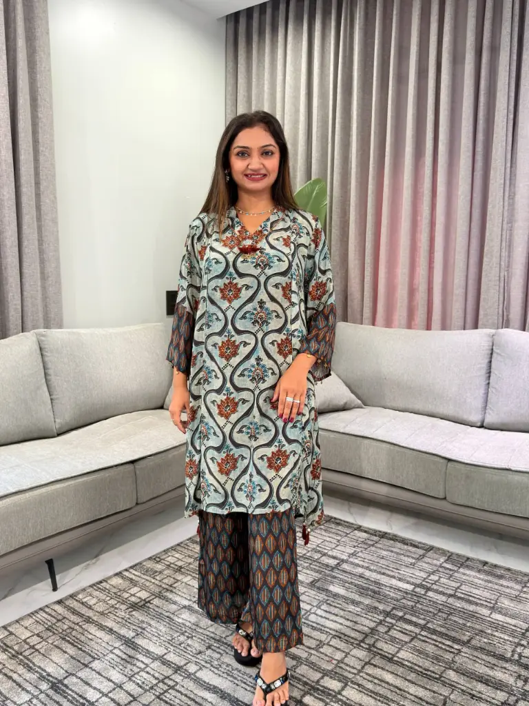 Powder Blue Floral Trellis Hand-Worked Natural Crepe Kurta Set