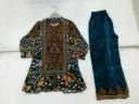 Teal Blue Multi-Floral Kalamkari Pure Natural Crepe Co-ord Set