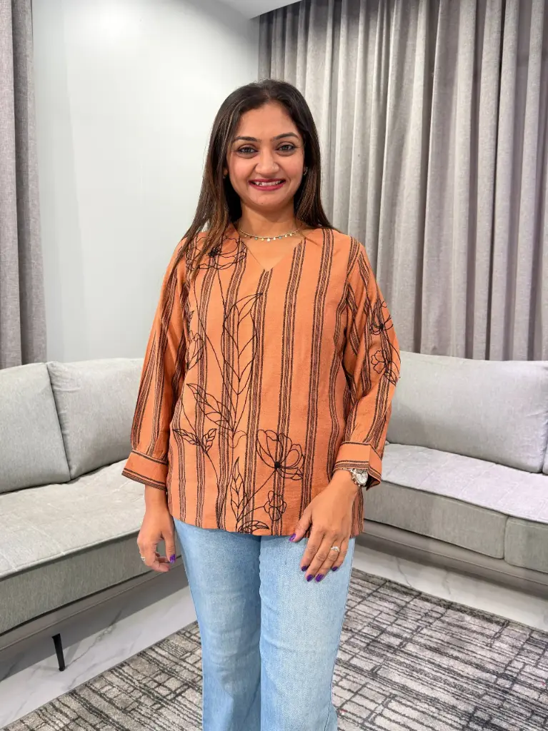 Rust Bloom Stripe Embroidered Imported Top