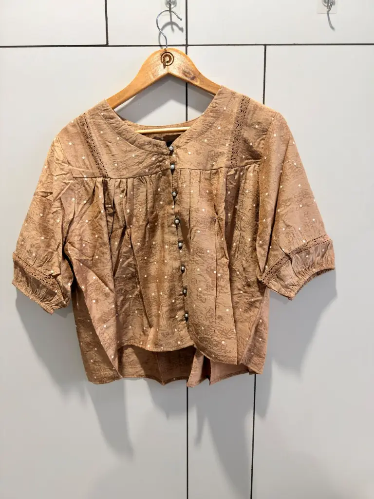 Beige Polka Dot Pearl Button Imported Fabric Western Top