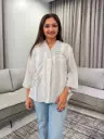 Off-White & Grey Striped Embroidered Imported Cotton Top