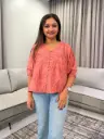 Terracotta Pink Polka Dot Pearl Button Imported Fabric Western Top