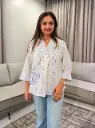 Off-White & Sky Blue Striped Embroidered Imported Cotton Top