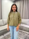 Olive Green Floral Thread Embroidered Imported Cotton Top
