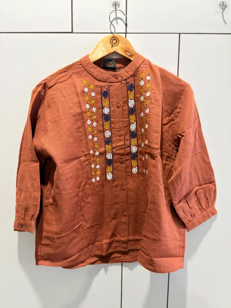 Rust Orange Multi-Color Thread Embroidered Imported Cotton Top