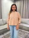 Beige Peach Floral Thread Embroidered Imported Cotton Top