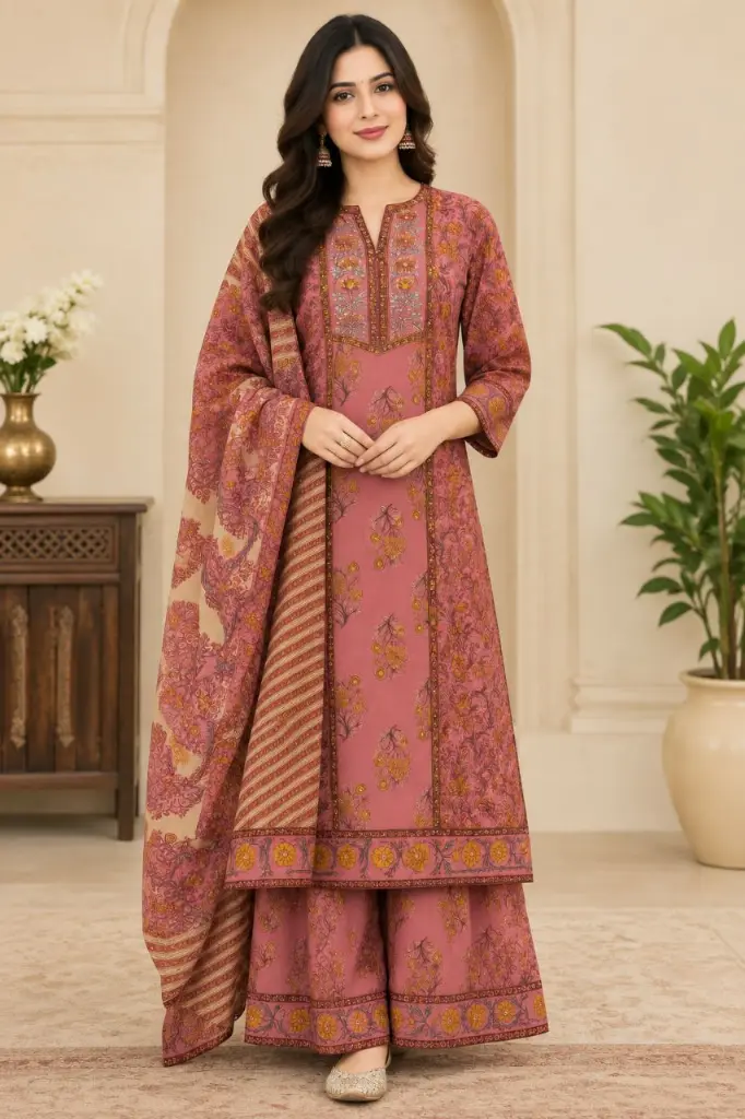 Dusty Rose Floral Hand-Worked Sequin Pure Cotton 3-Piece Kurta Set