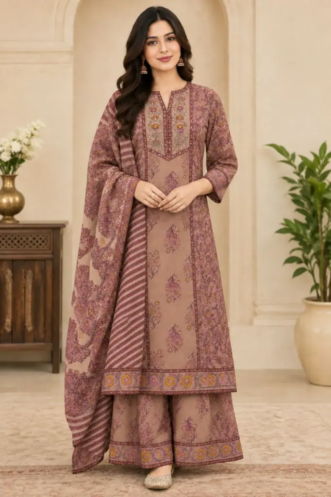 Mauve Taupe Floral Hand-Worked Sequin Pure Cotton 3-Piece Kurta Set