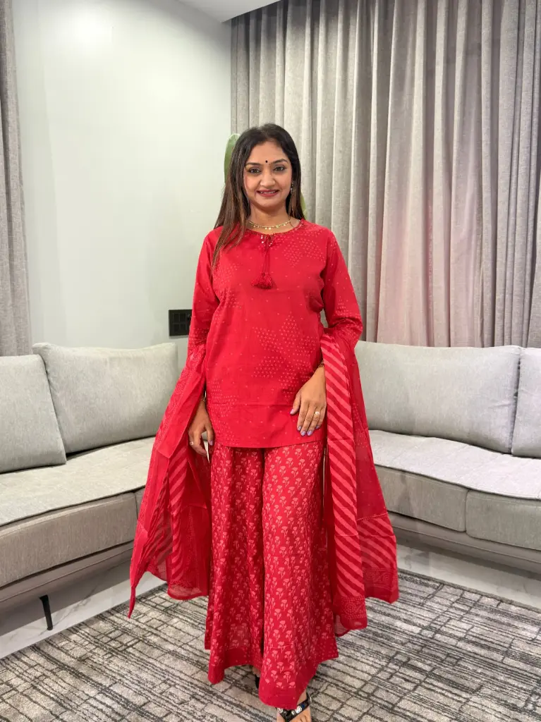 Crimson Red Bandhani Printed Pure Cotton 3-Piece Set