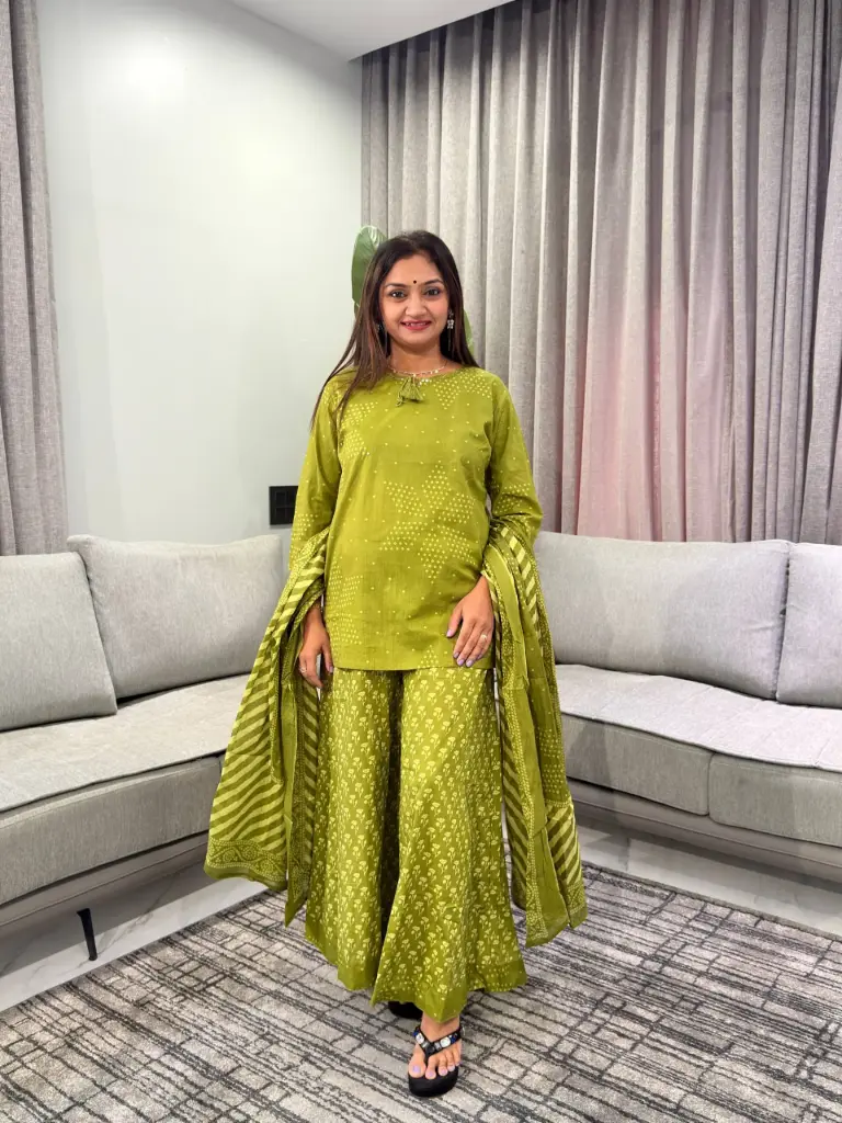 Olive Green Bandhani Printed Pure Mull Cotton 3-Piece Sharara Set