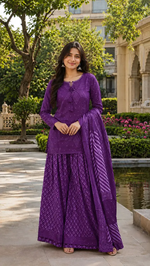Royal Purple Bandhani Printed Pure Mull Cotton 3-Piece Sharara Set