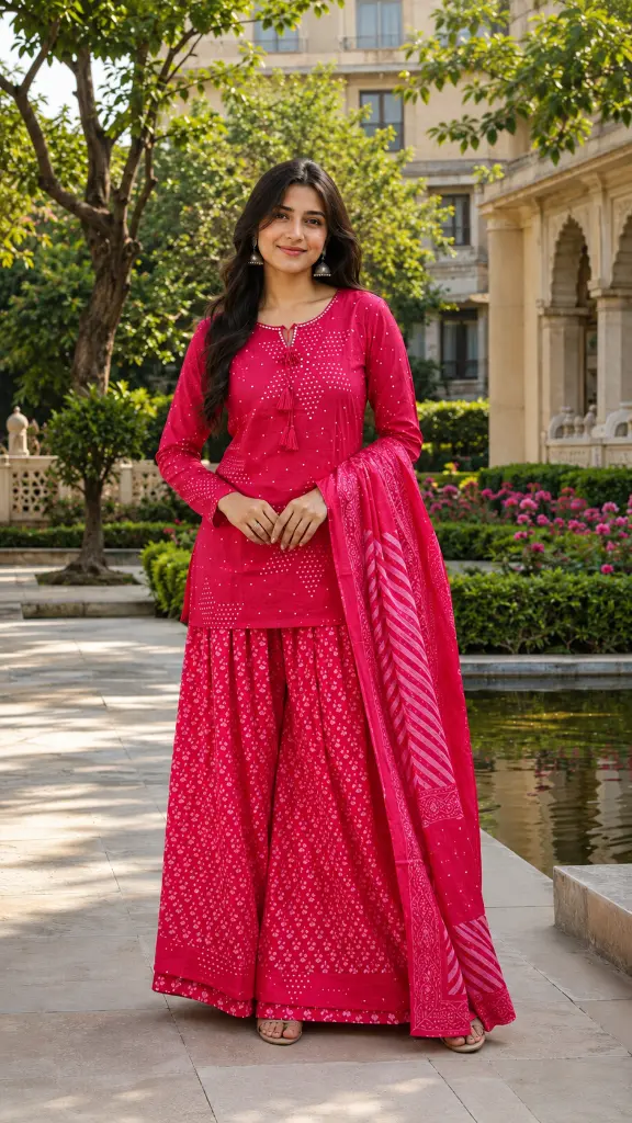 Rani Pink Bandhani Printed Pure Mull Cotton 3-Piece Sharara Set