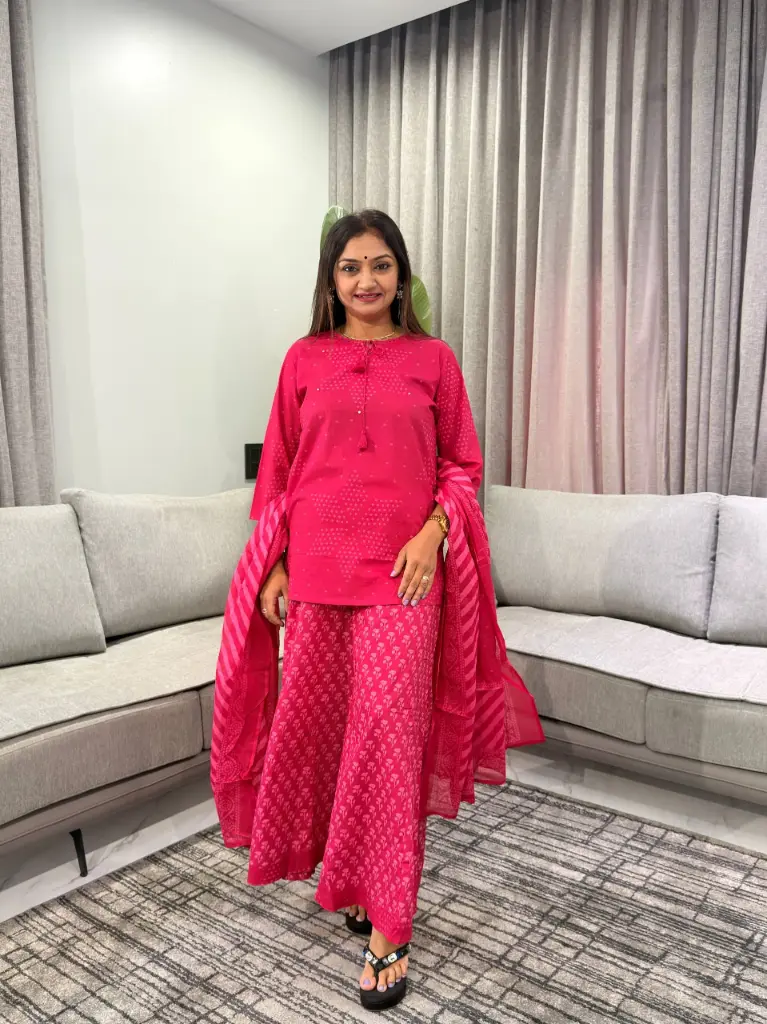 Rani Pink Bandhani Printed Pure Mull Cotton 3-Piece Sharara Set