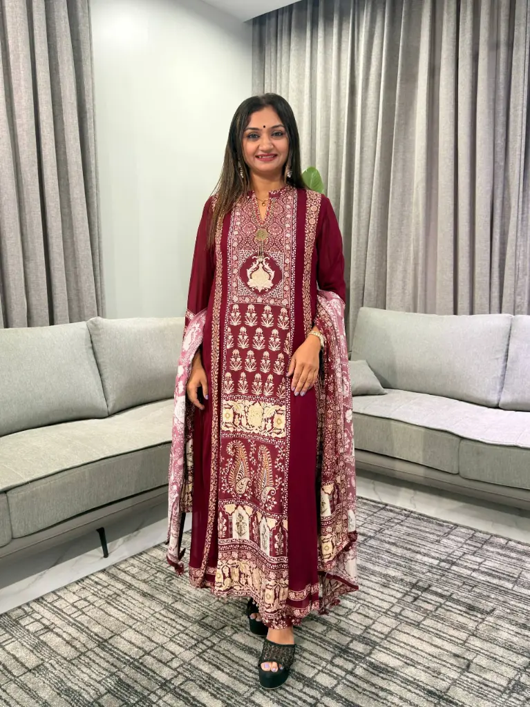 Maroon Kalamkari Printed Crepe & Georgette Anarkali 3-Piece Set