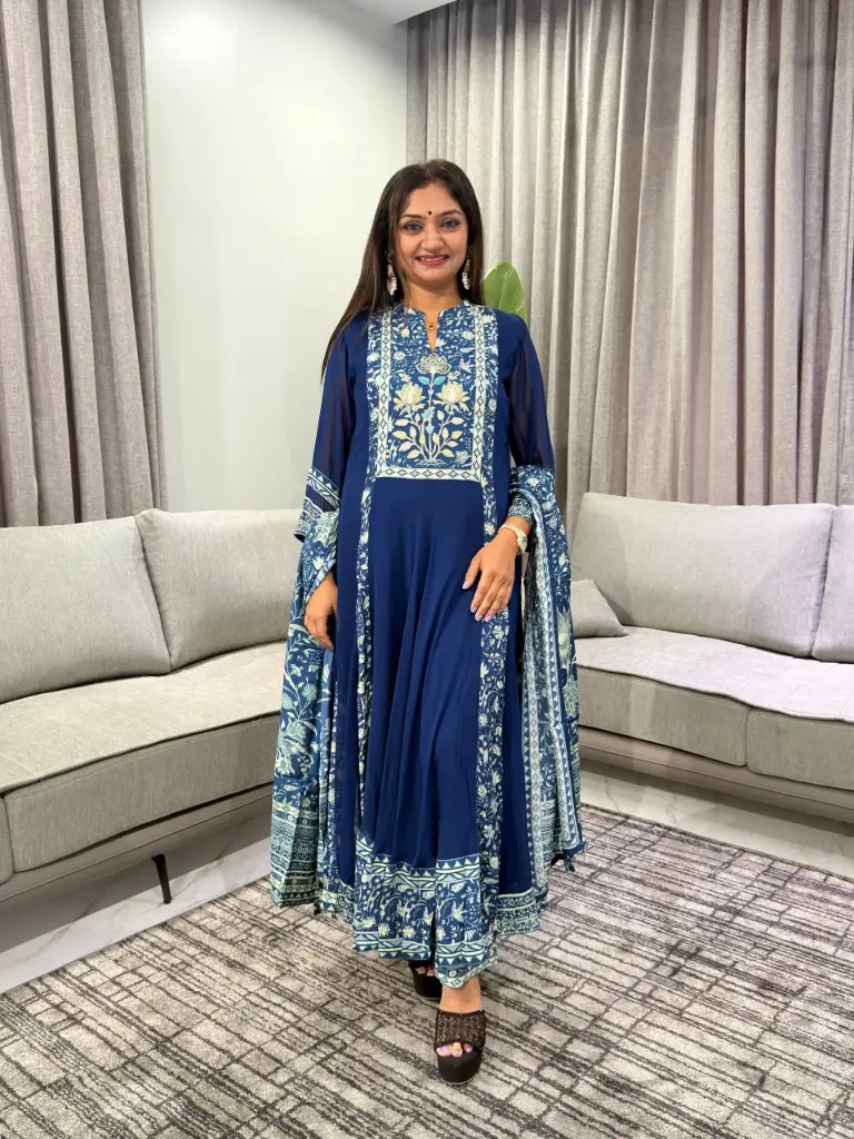 Navy Blue Floral Embroidered Crepe & Georgette Anarkali 3-Piece Set