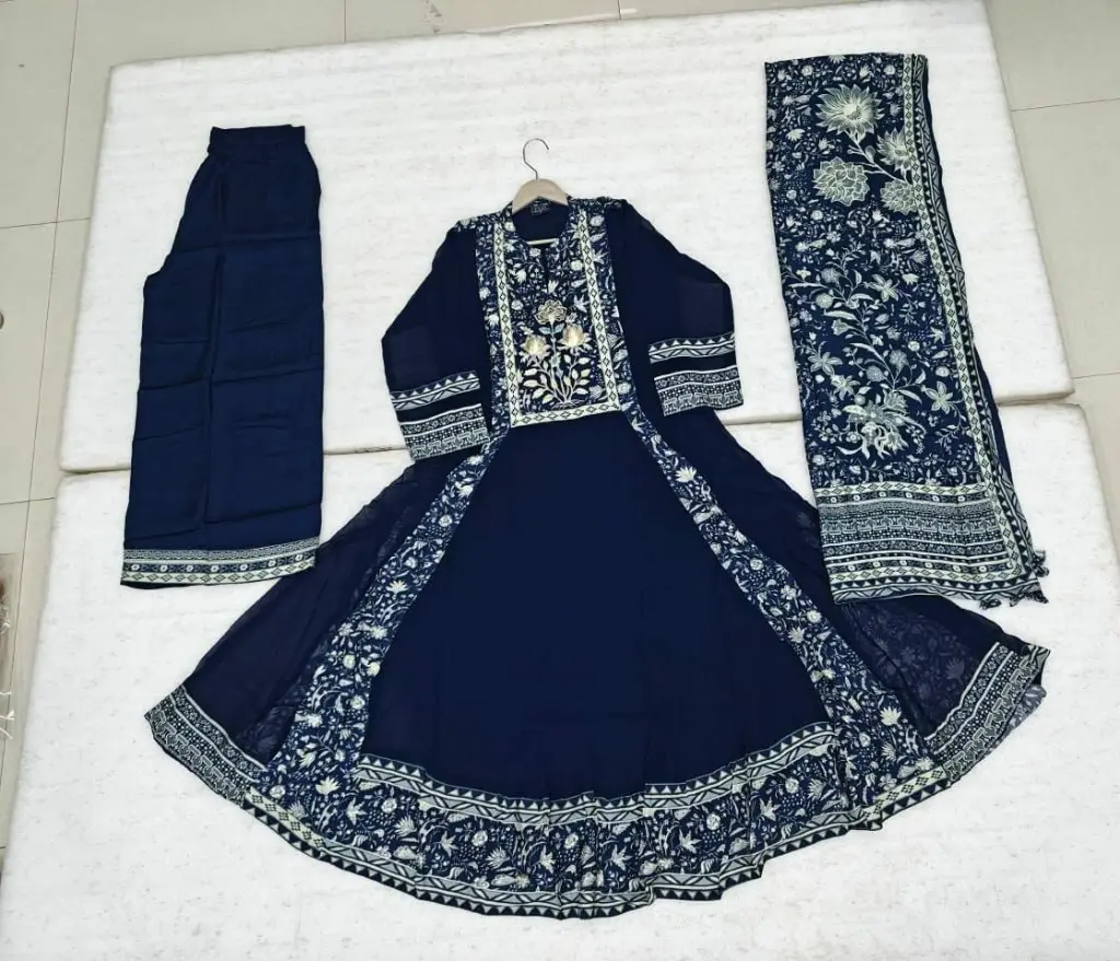 Navy Blue Floral Embroidered Crepe & Georgette Anarkali 3-Piece Set