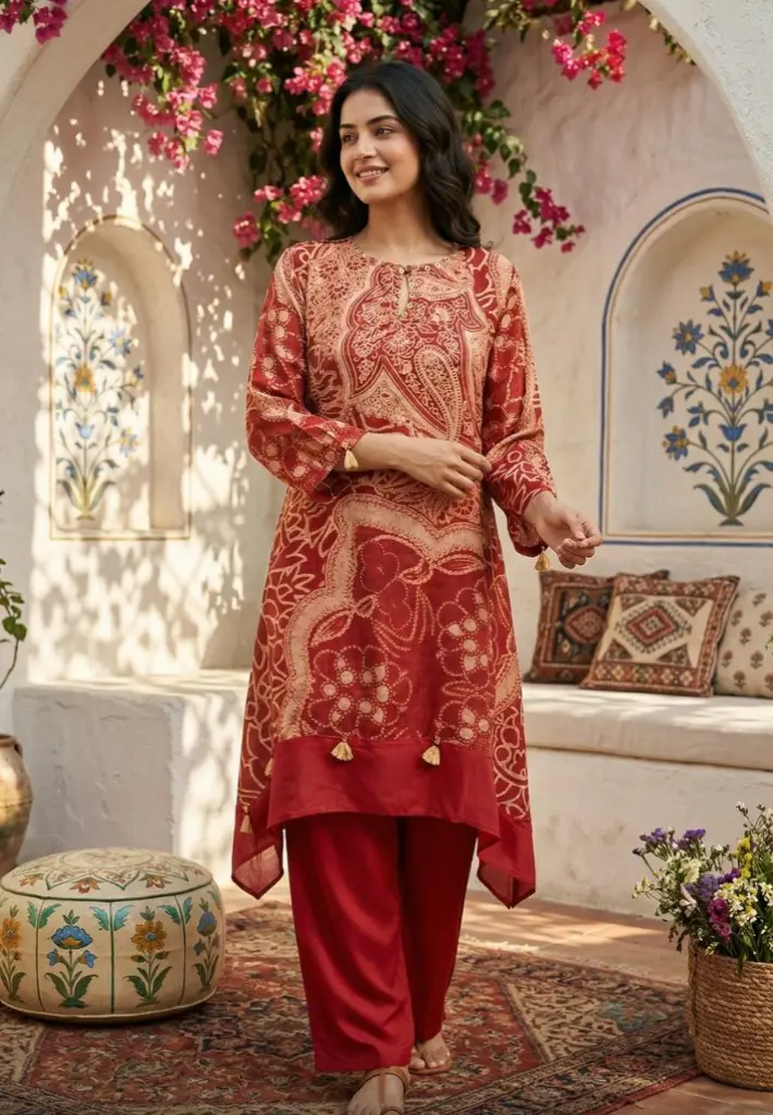 Terracotta Red Paisley Printed Pure Muslin Crepe Co-ord Set