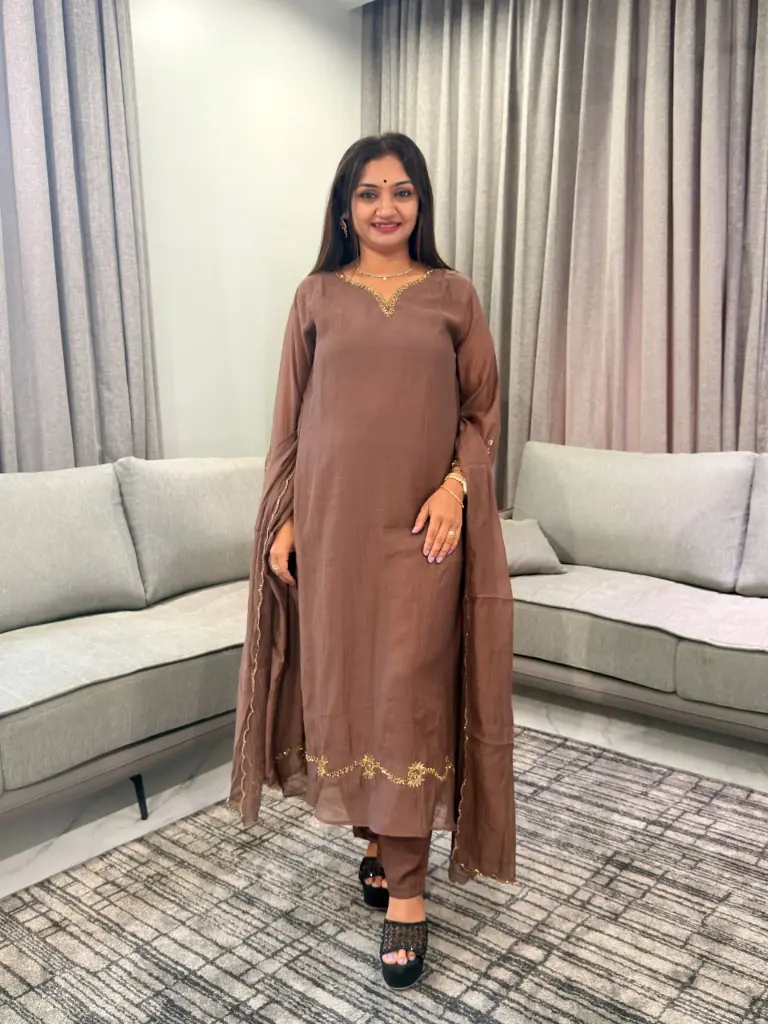 Chocolate Brown Bead sequin Hand-Worked Banarasi Mull Chanderi 3-Piece Suit Set
