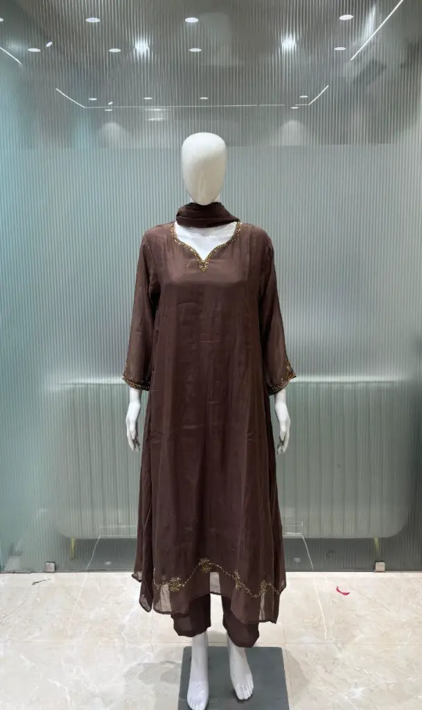 Chocolate Brown Bead sequin Hand-Worked Banarasi Mull Chanderi 3-Piece Suit Set