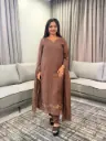 Chocolate Brown Bead sequin Hand-Worked Banarasi Mull Chanderi 3-Piece Suit Set
