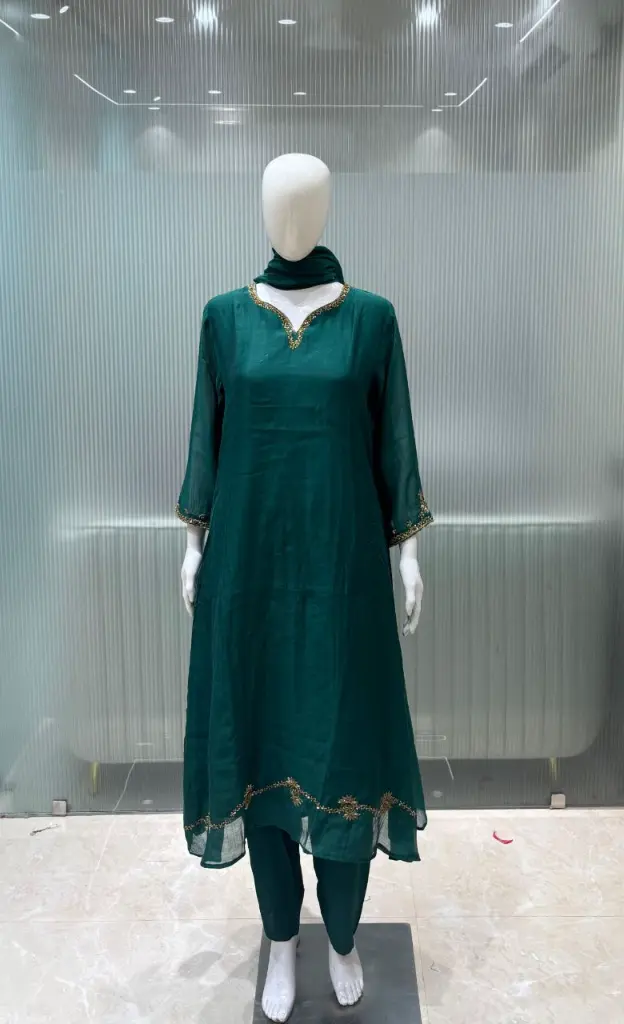 Bottle Green Bead sequin Hand-Worked Banarasi Mull Chanderi 3-Piece Suit Set