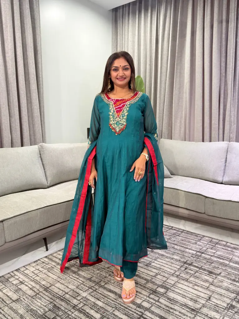 Teal Green Hand-Embroidered Pure Premium Russian Silk 3-Piece Suit Set