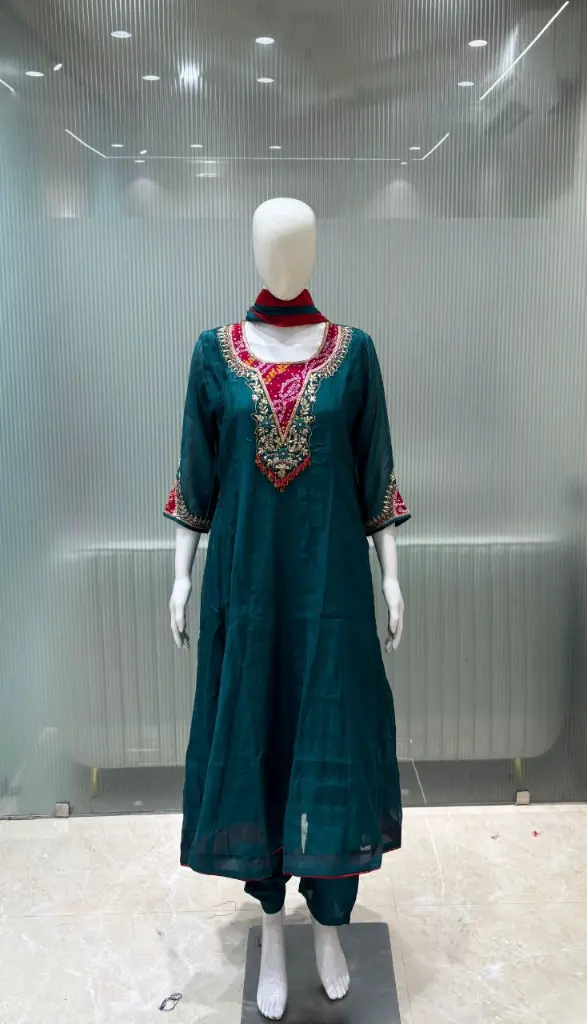 Teal Green Hand-Embroidered Pure Premium Russian Silk 3-Piece Suit Set
