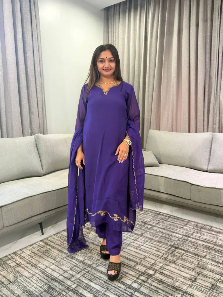 Royal Purple Bead sequin Hand-Worked Banarasi Mull Chanderi 3-Piece Suit Set