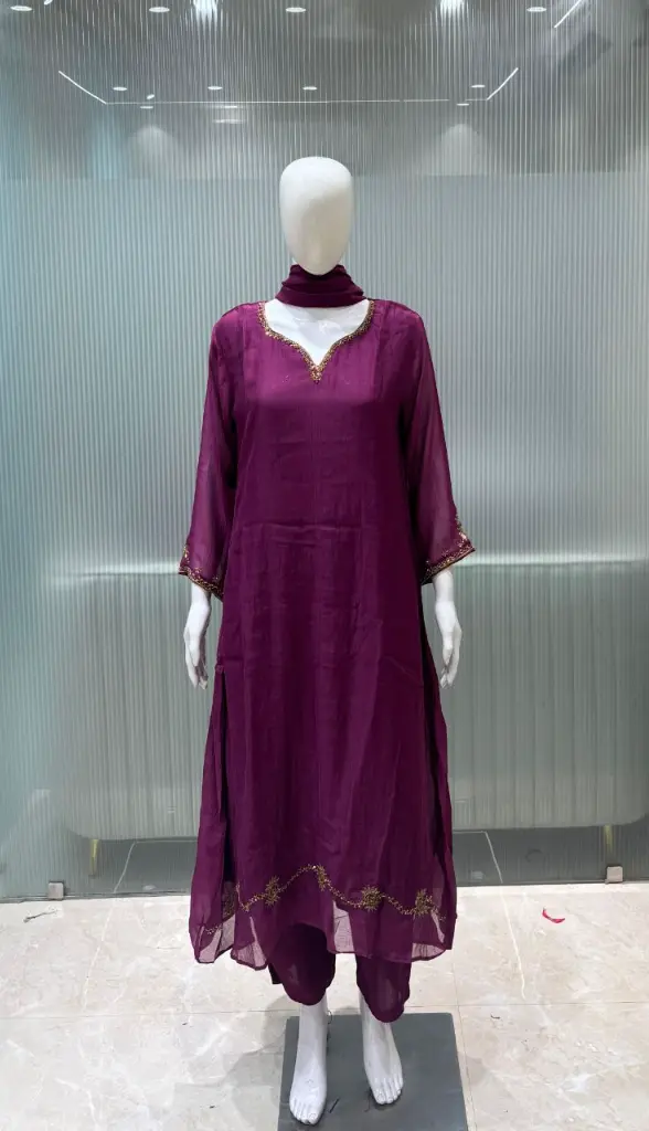 Plum Purple Bead sequin Hand-Worked Banarasi Mull Chanderi 3-Piece Suit Set