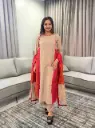 Beige & Rani Pink Colorblocked Banarasi Mull Chanderi 3-Piece Suit Set