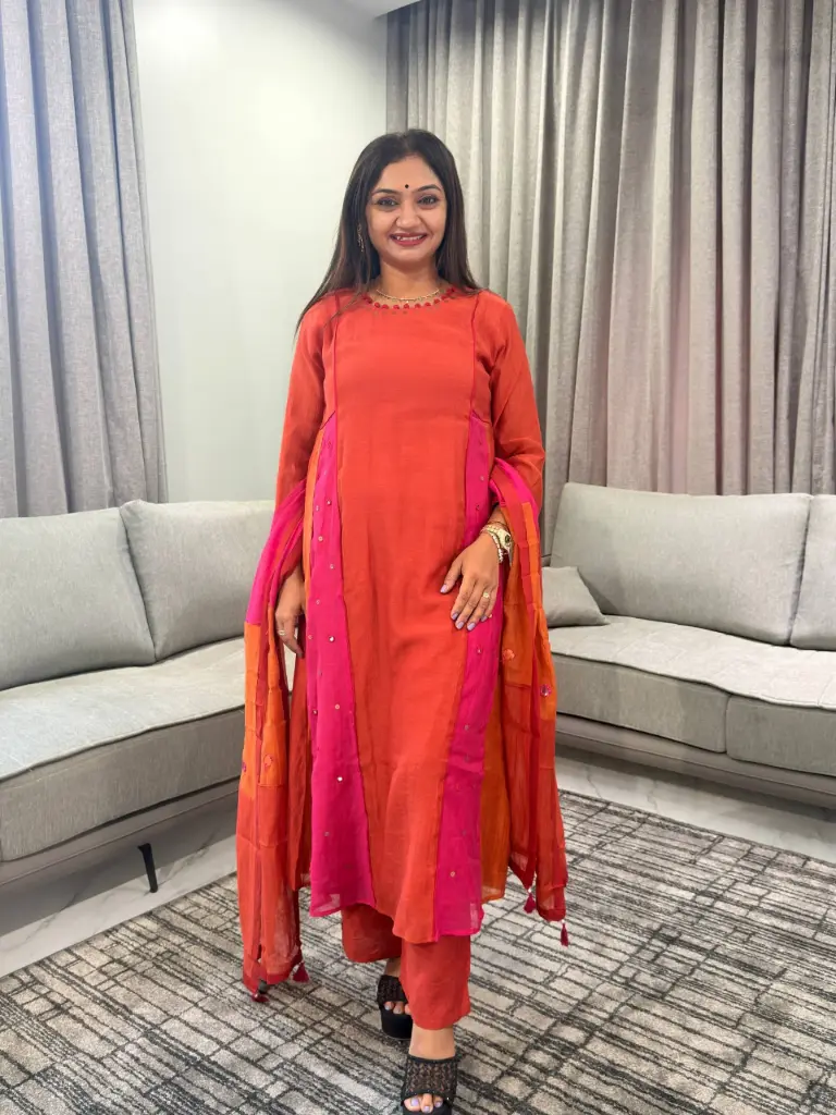 Rust Orange & Rani Pink Colorblocked Banarasi Mull Chanderi 3-Piece Suit Set
